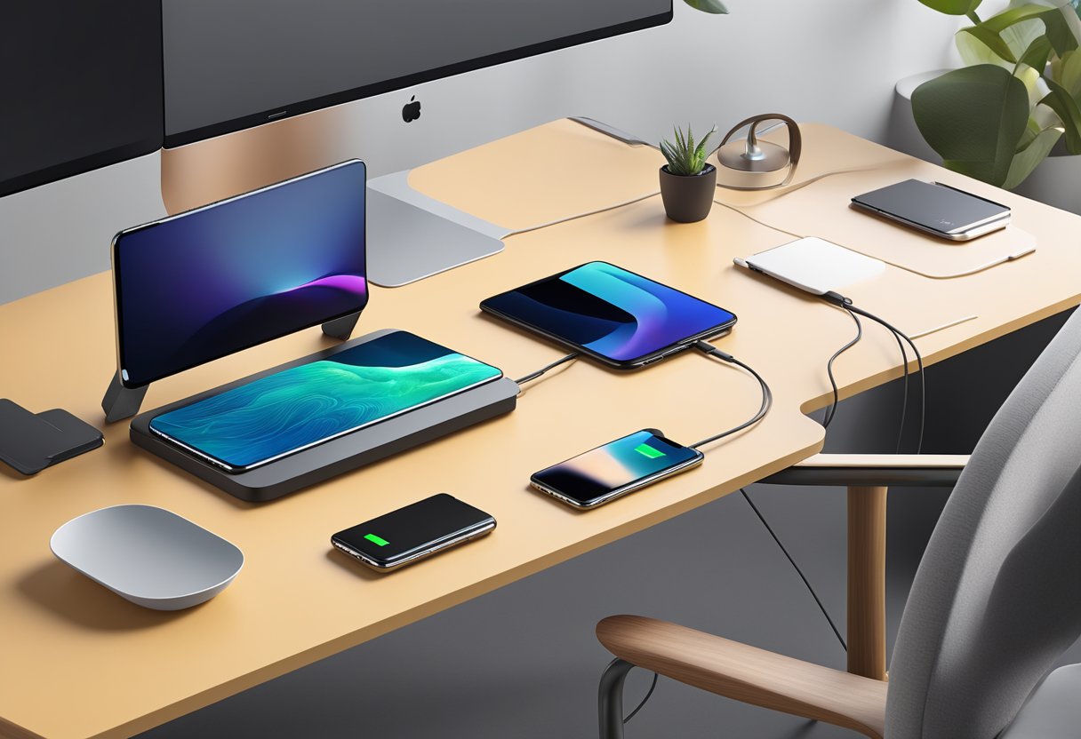A sleek, modern desk with a 3in1 wireless charger. Multiple devices are neatly placed on the charger, showing compatibility with various models