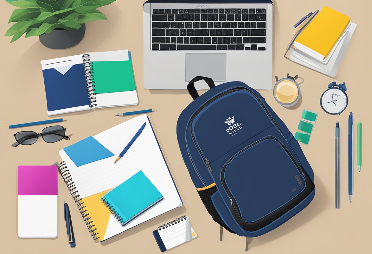 A backpack with a corporate logo sits on a sleek desk next to a stack of branded notebooks and a set of high-quality pens