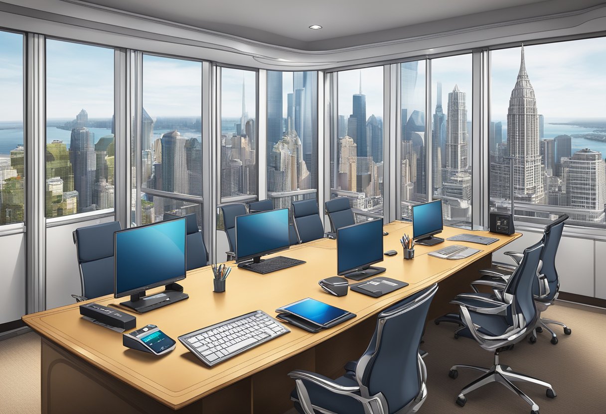 A conference room table adorned with branded tech gadgets, luxury pens, and elegant gift baskets. A backdrop of city skyline and company logo prominently displayed