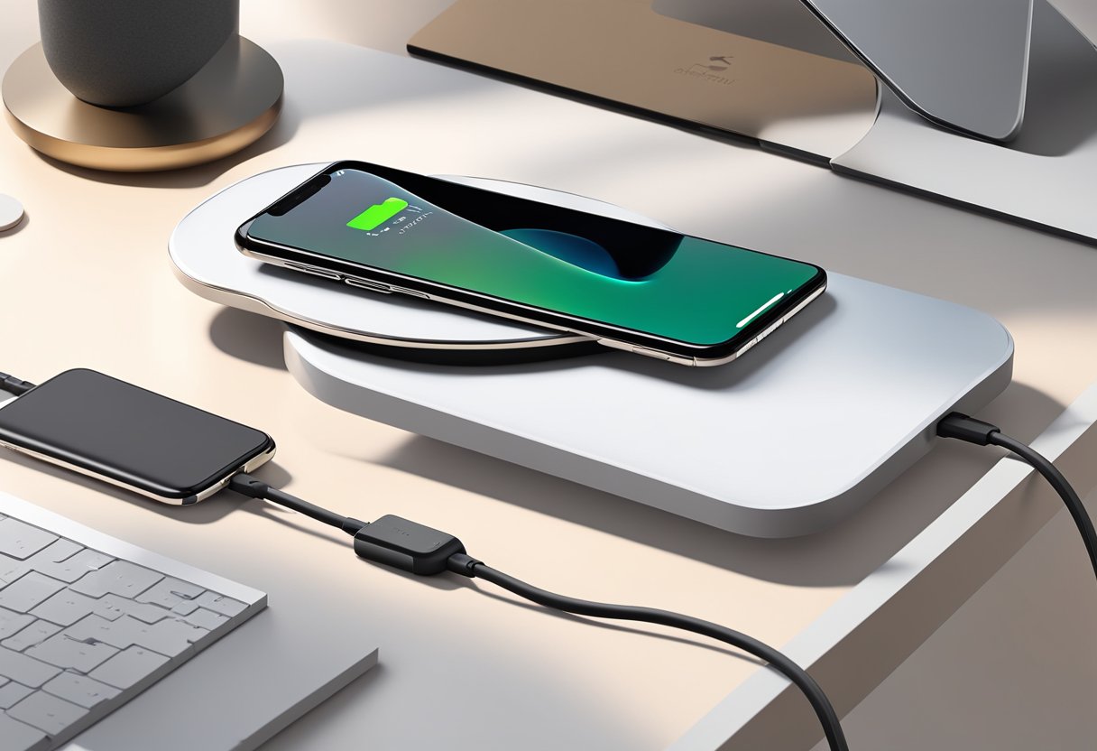 A sleek 3in1 wireless charger sits on a clean, modern desk. It is surrounded by neatly arranged tech devices and charging cables