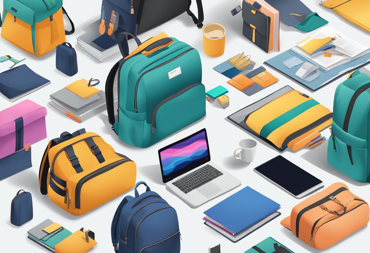 A hand reaches for a sleek, professional backpack on a display table, surrounded by other corporate gift options