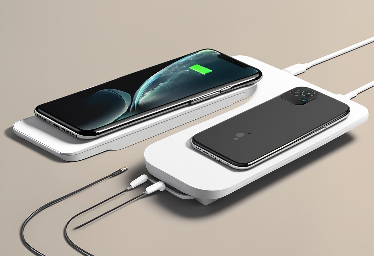 A clutter-free desk with a sleek 3in1 wireless charger, seamlessly charging a phone, watch, and earbuds