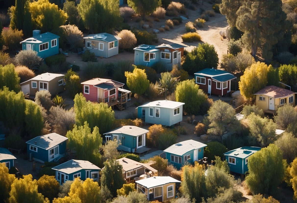 Aerial view of colorful tiny homes nestled among trees in a sunny Southern California community