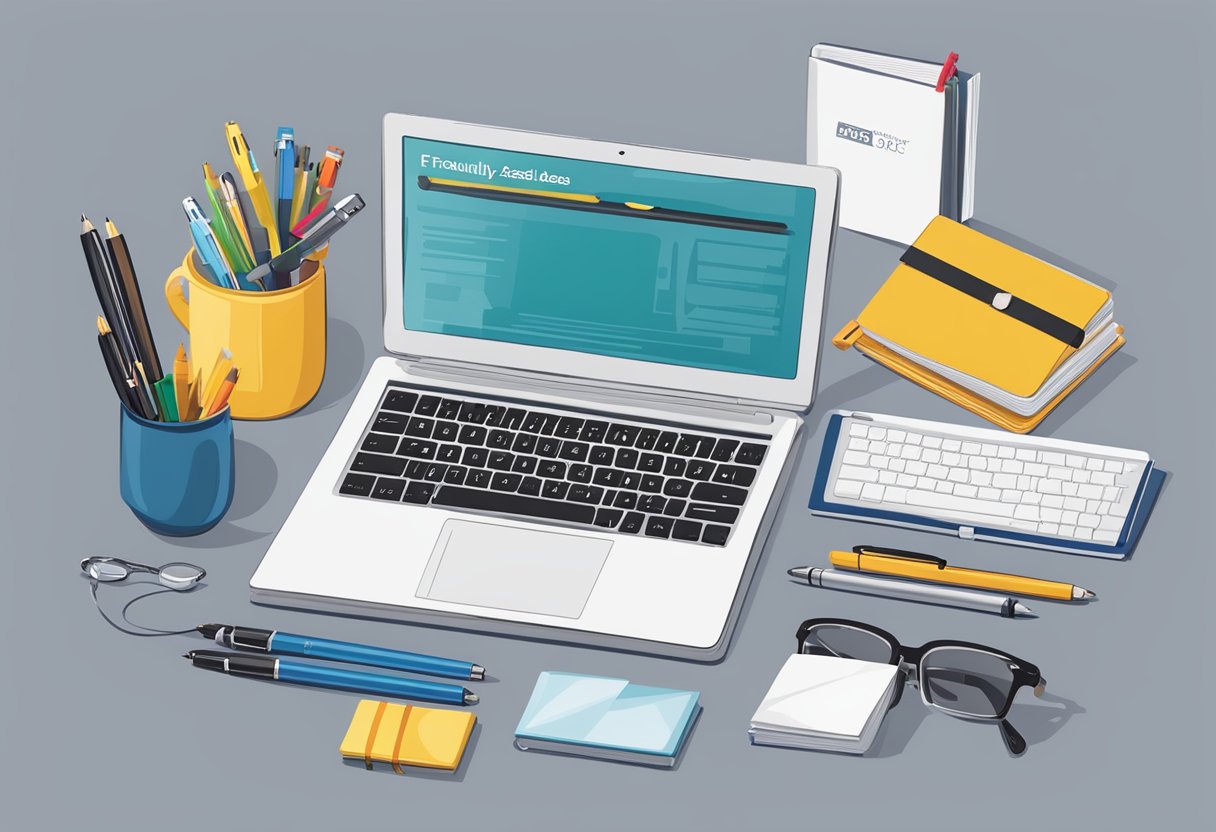 A table adorned with various corporate gift items, such as branded pens, notebooks, and tech gadgets, with a sign reading "Frequently Asked Questions: Best Corporate Gift Ideas" displayed prominently