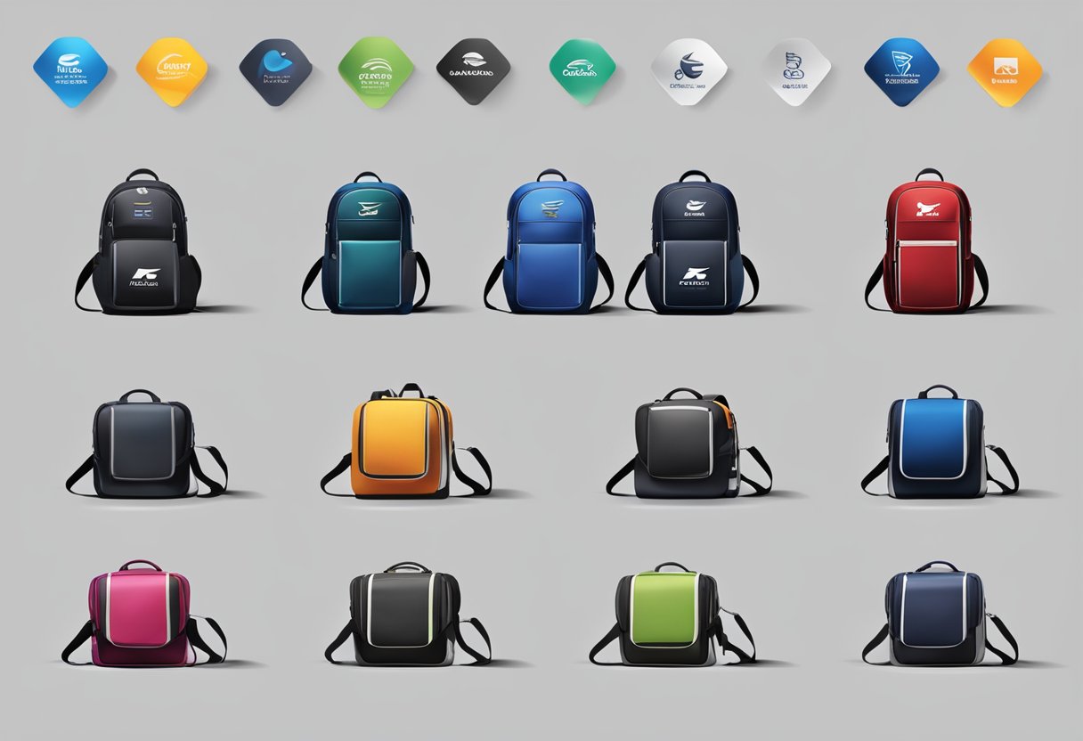 A table displaying various sleek and professional backpack models with corporate logos