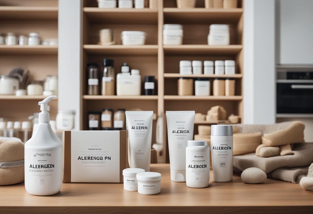 A clean, organized home with labeled allergen-free products and a person with allergies feeling comfortable and at ease