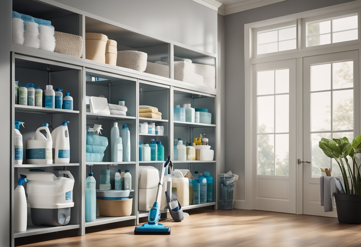A clean, organized space with hypoallergenic cleaning products and tools. Dust-free surfaces, vacuumed floors, and fresh air flowing through open windows