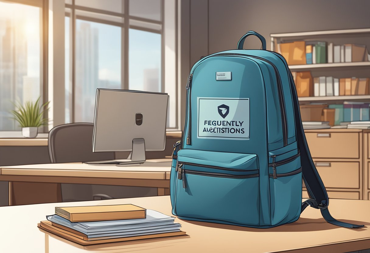 A backpack with "Frequently Asked Questions" printed on it sits on a desk next to a corporate gift box