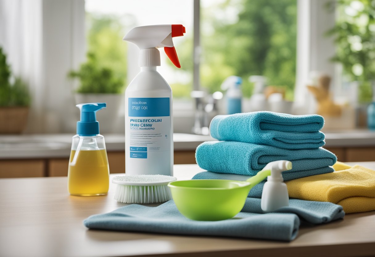 A table with allergy-friendly cleaning products and tools. A vacuum, microfiber cloths, and non-toxic cleaners are displayed