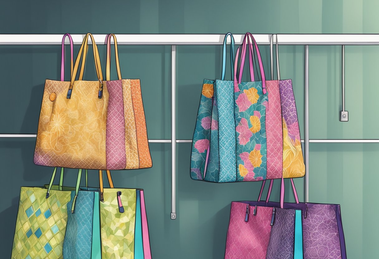 Colorful tote bags hanging on a display rack, with various patterns and designs. Bright lighting highlights the details and textures of the bags