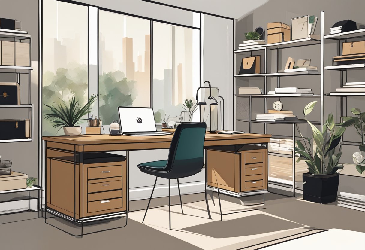 A desk adorned with elegant stationery, personalized leather notebooks, and a sleek pen set. A shelf displays a collection of sophisticated desk organizers and a stylish clock