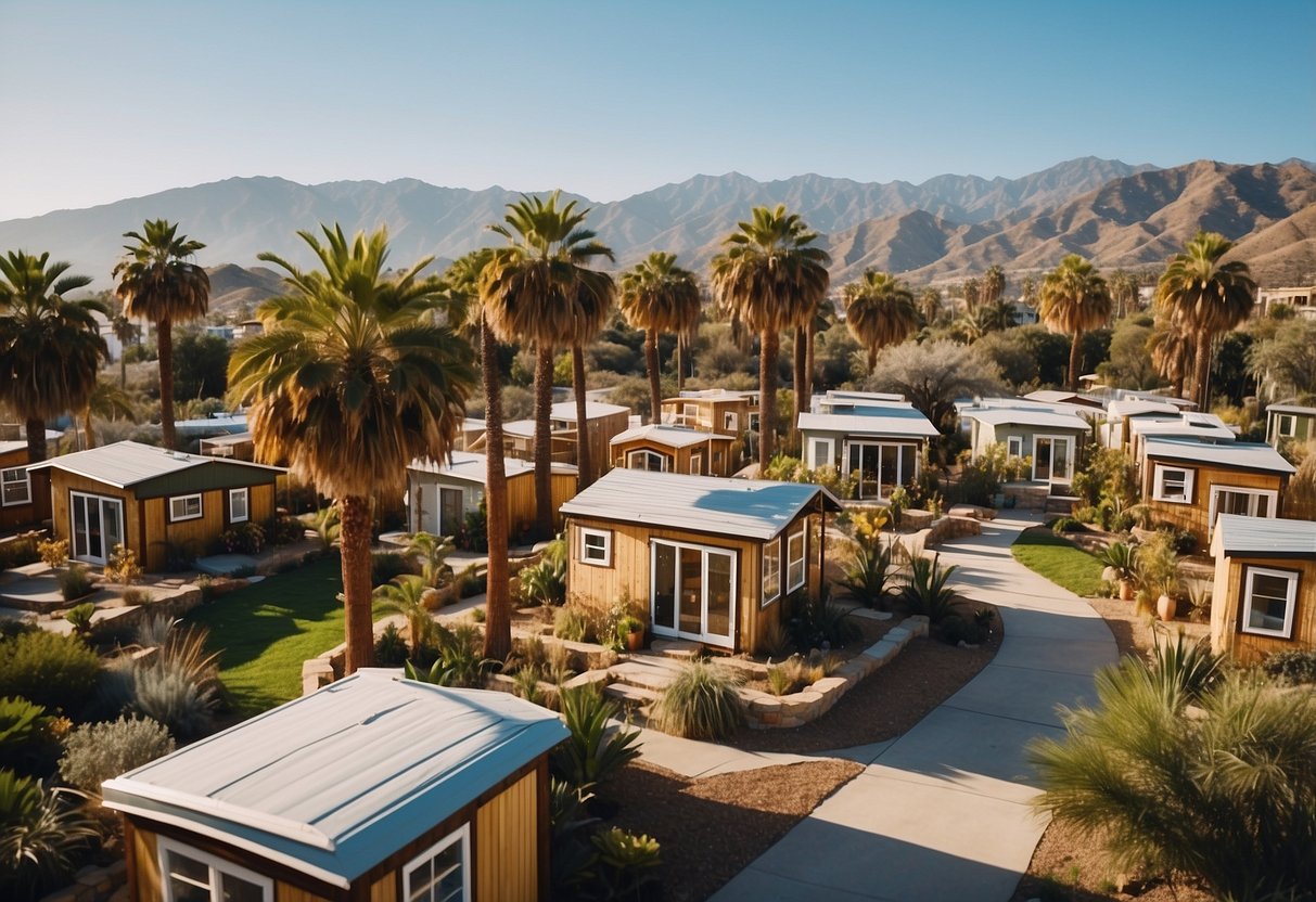 A cluster of tiny homes nestled among palm trees in a sunny Southern California community, with a central gathering area and small gardens