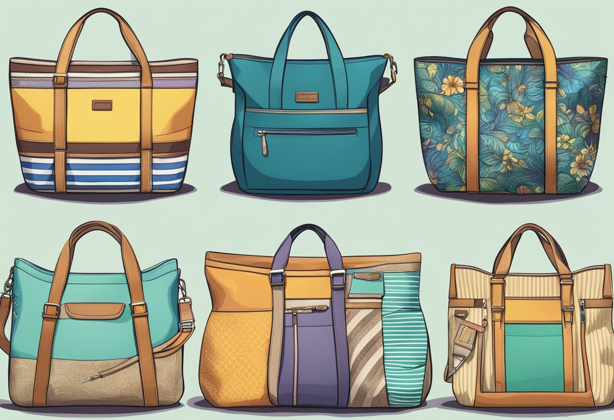 A table displaying various top tote bags with different colors, sizes, and designs. Bright lighting highlights the features and details of each bag