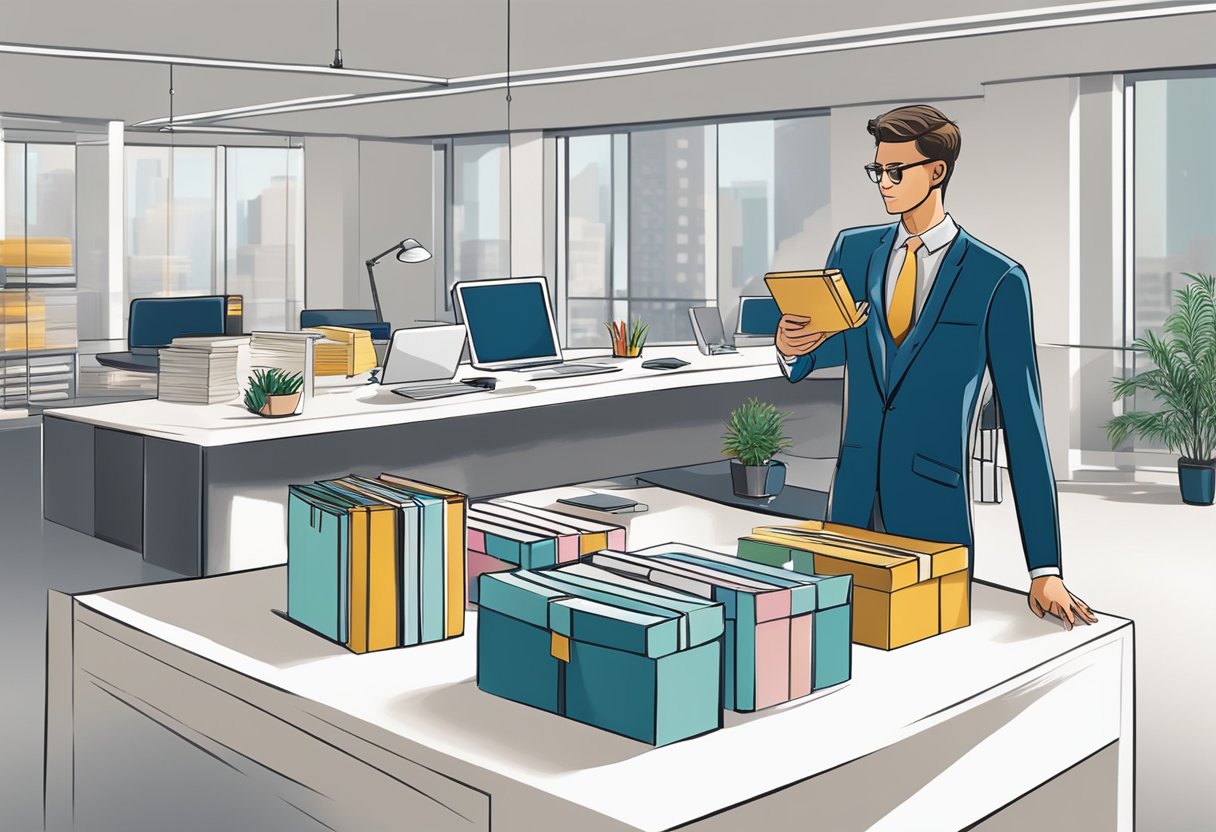 A person in a corporate office selects from a variety of high-quality gifts displayed on a sleek, modern table