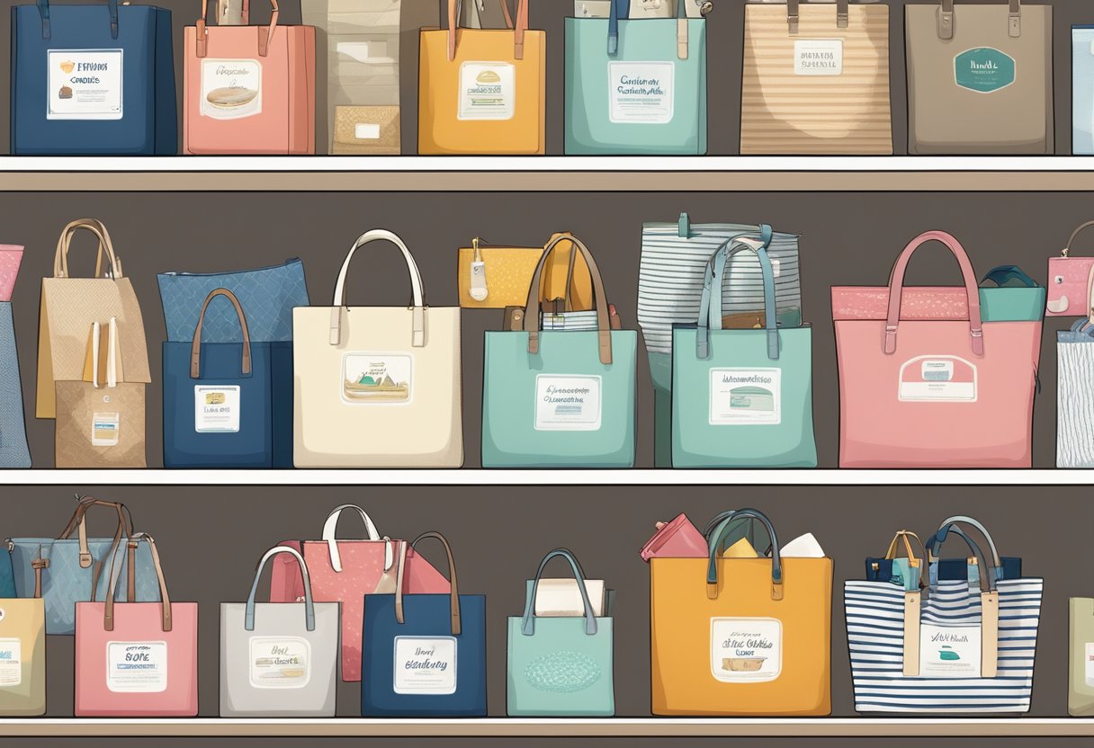 A variety of tote bags displayed on shelves with labels indicating different uses, such as work, travel, and shopping