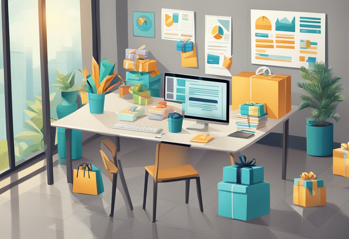 A table with neatly wrapped corporate gifts and a sign reading "Frequently Asked Questions: Best Office Gifts" displayed in a professional office setting
