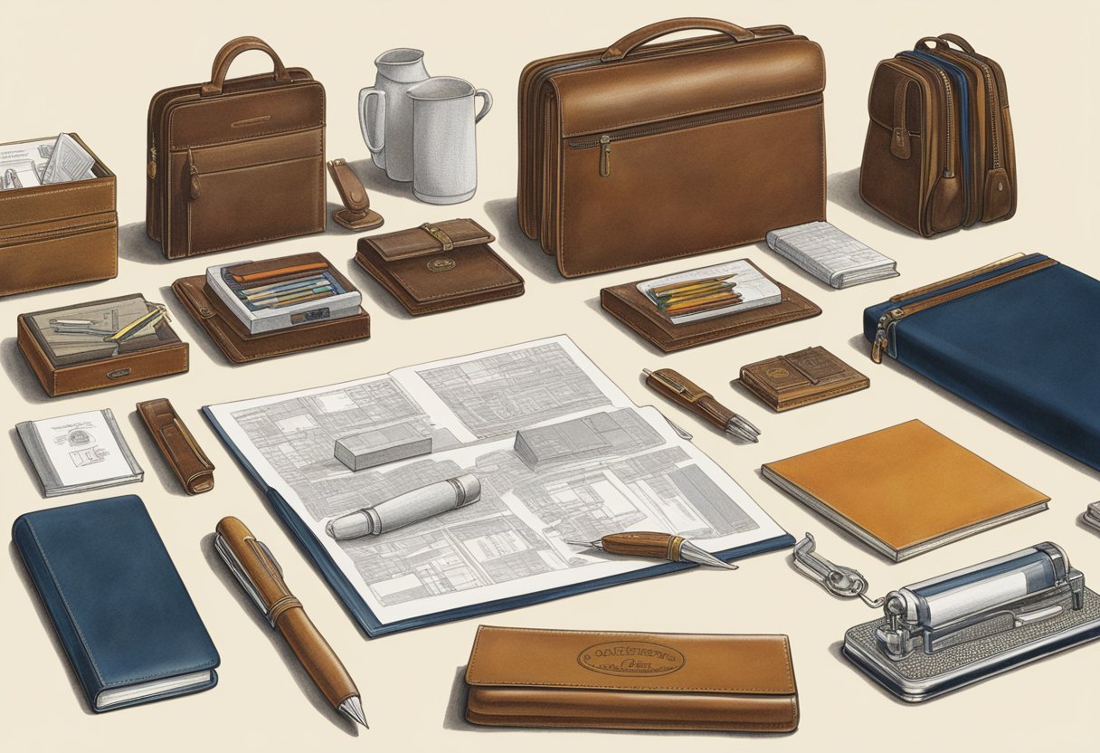 A table adorned with 1976 corporate gifts, including branded pens, leather portfolios, and engraved desk accessories