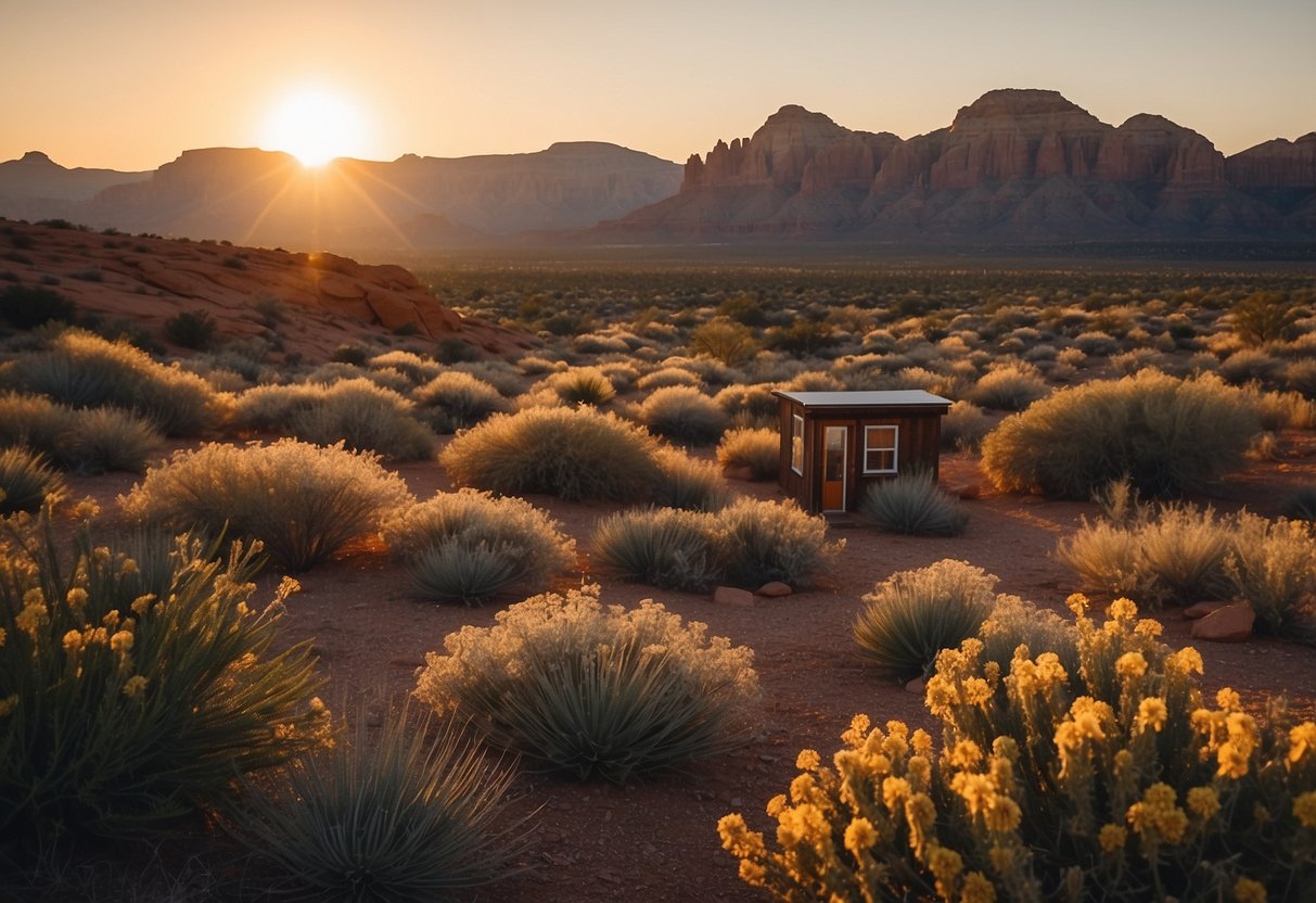 Sunset over red rock landscape with clusters of tiny homes nestled among desert flora in southern Utah