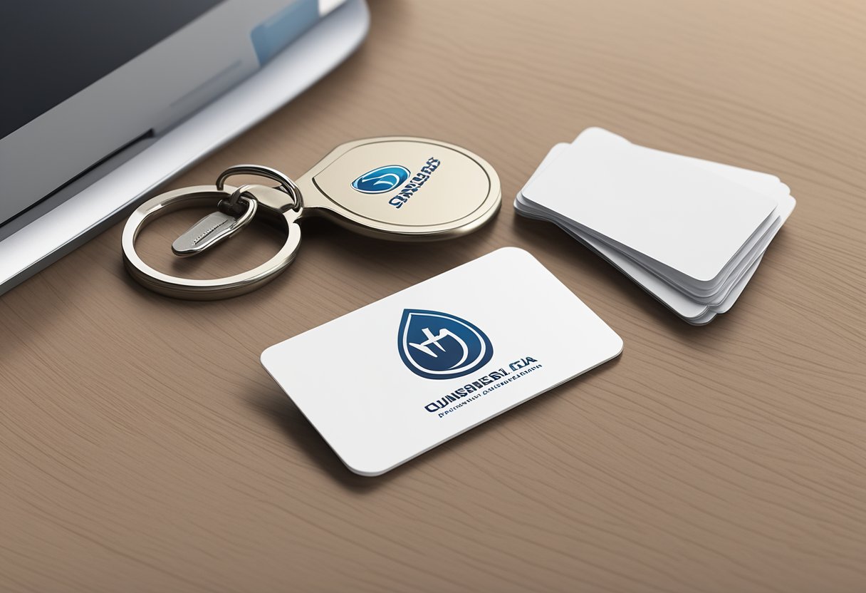 A bottle opener keychain with a corporate logo sits on a sleek desk next to a stack of branded business cards