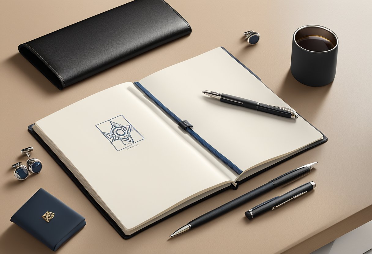 A company logo on a sleek pen, a leather-bound planner, and a set of cufflinks laid out on a polished desk