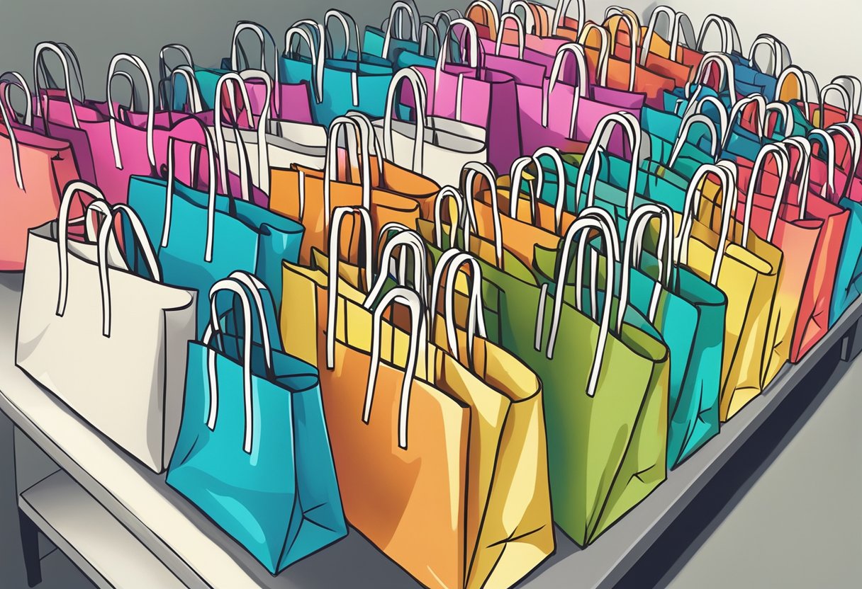 A stack of colorful tote bags with "Frequently Asked Questions" printed on them, arranged neatly on a display table