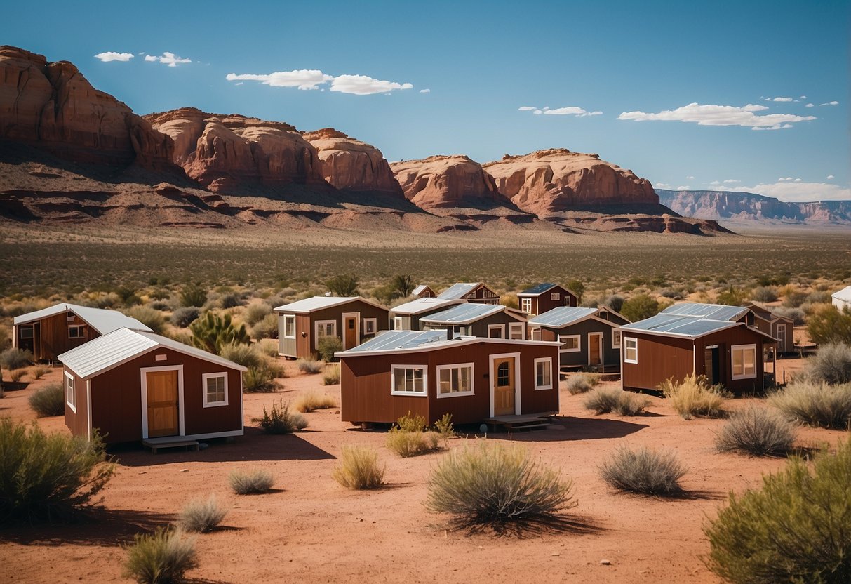 A cluster of tiny homes nestled among red rock formations in Southern Utah, with a backdrop of stunning desert landscapes and clear blue skies
