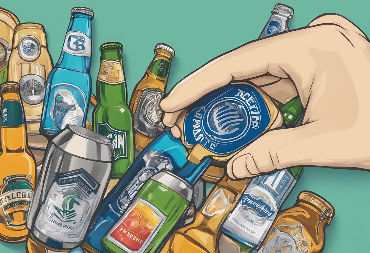 A hand holding a bottle opener keychain with a company logo, surrounded by other branded merchandise and a corporate event backdrop