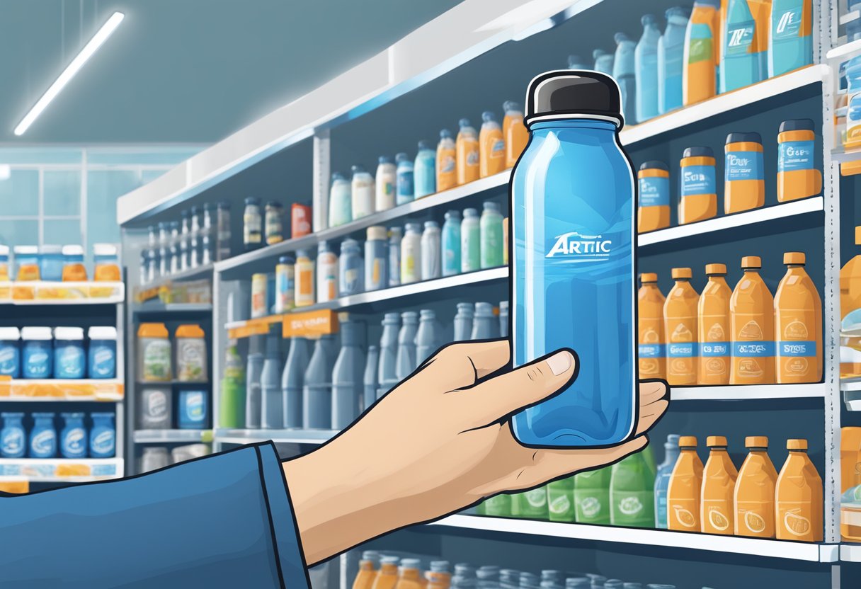 A hand reaches out to buy a sleek, blue Arctic water bottle from a store shelf. The bottle is labeled with the brand name and features a secure, twist-on cap