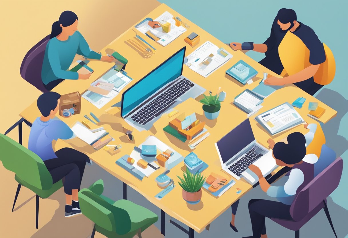 A group of people are selecting and customizing corporate gifts from a variety of options displayed on a table. The atmosphere is professional and focused, with individuals discussing and comparing different items