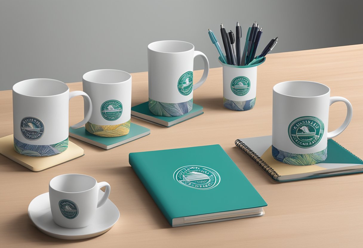 A table displays branded gift sets: mugs, notebooks, and pens. The company logo is prominently featured on each item