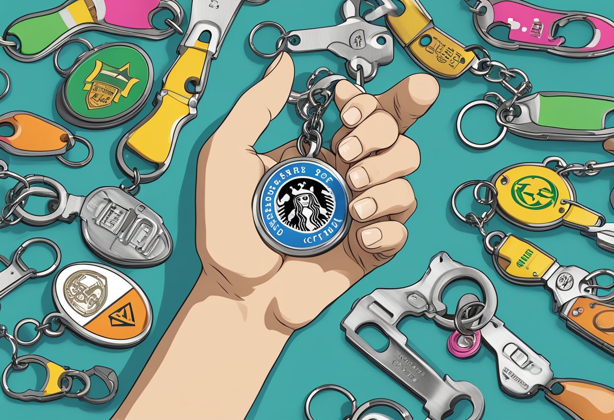 A hand holding a bottle opener keychain with a company logo, surrounded by various personalized keychains