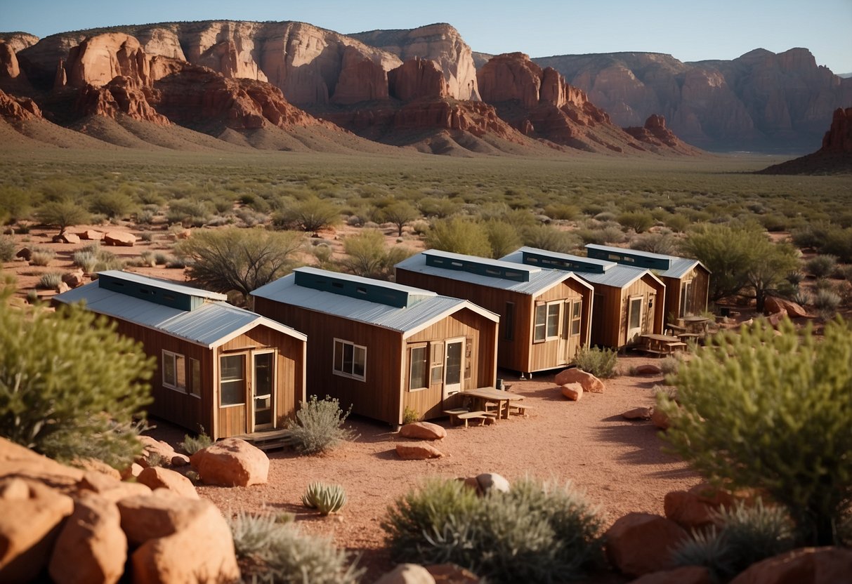 A cluster of tiny homes nestled in the red rock desert of southern Utah, surrounded by juniper trees and cacti. A central gathering area with picnic tables and a fire pit provides a communal space for residents