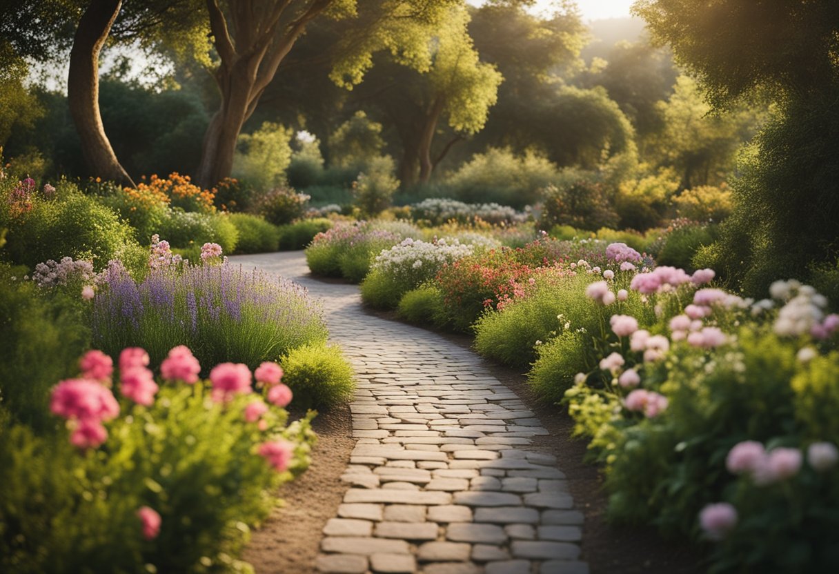 A serene landscape with a winding path leading to a peaceful oasis, surrounded by lush greenery and colorful flowers, evoking a sense of tranquility and mental well-being