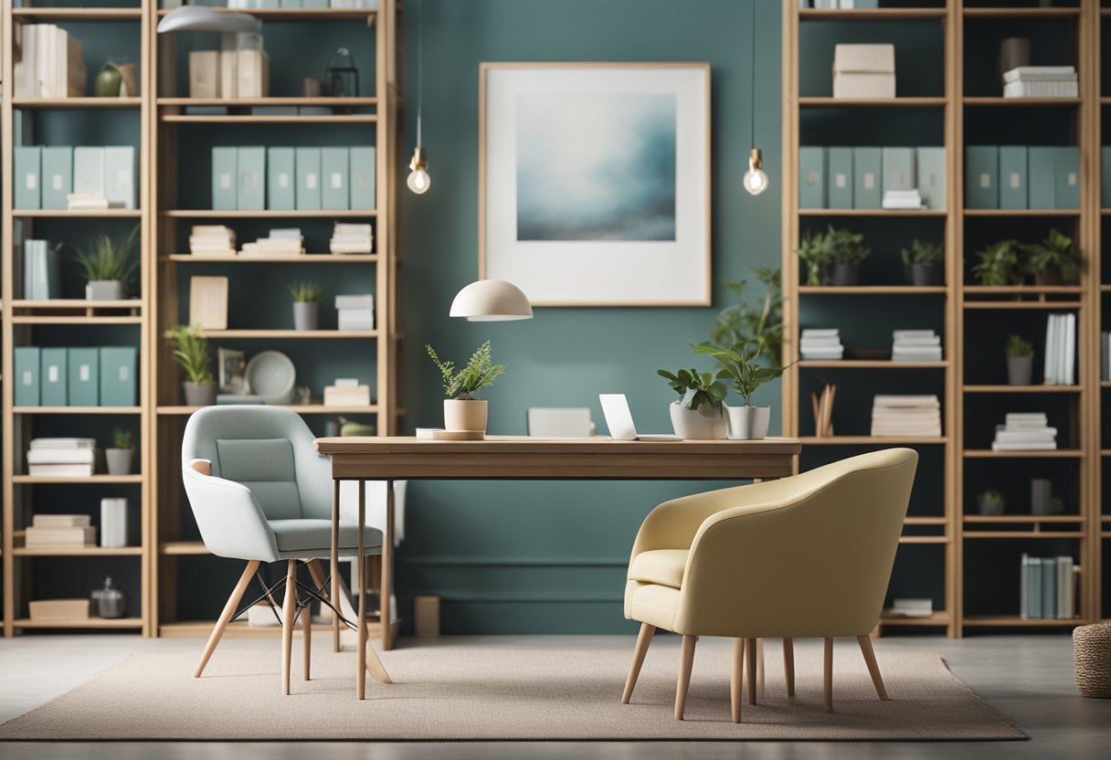 A serene office setting with a comfortable chair, soft lighting, and calming decor. A bookshelf filled with resources on mental health and a soothing color scheme
