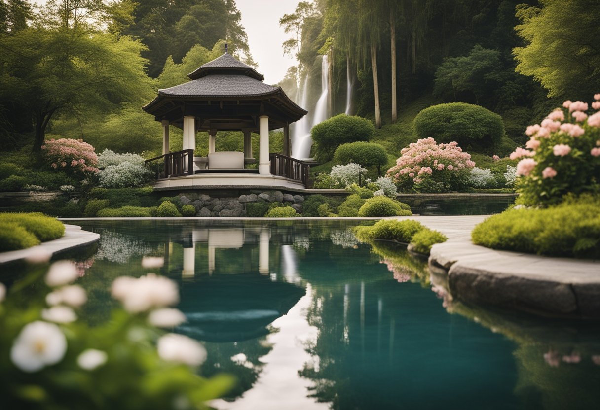 A serene setting with a calming atmosphere, featuring a peaceful garden with blooming flowers, a soothing waterfall, and a tranquil meditation space