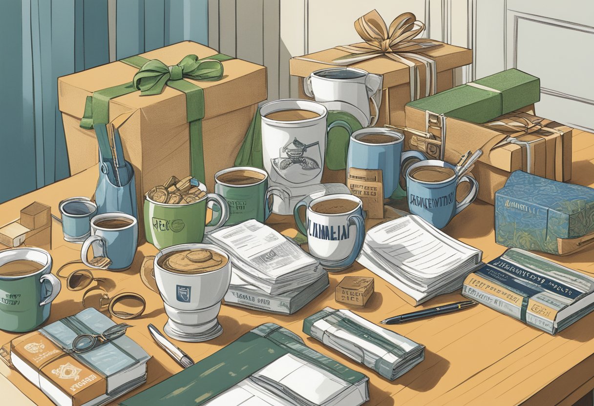 A table filled with branded gifts from 1976, including mugs, pens, and keychains. A banner above reads "Frequently Asked Questions Corporate Gifts."