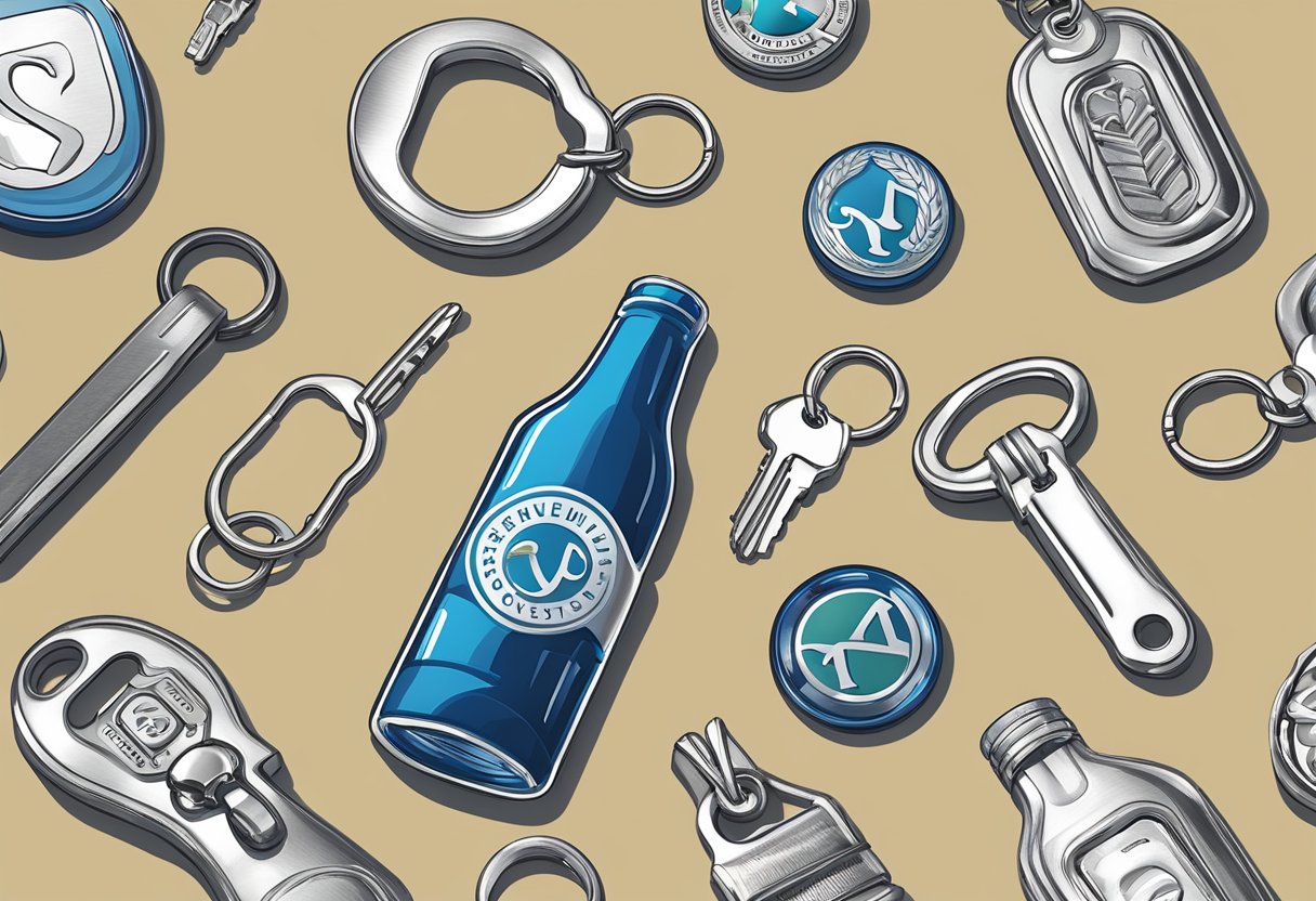 A hand holding a bottle opener keychain with "Frequently Asked Questions" logo, surrounded by corporate gift items