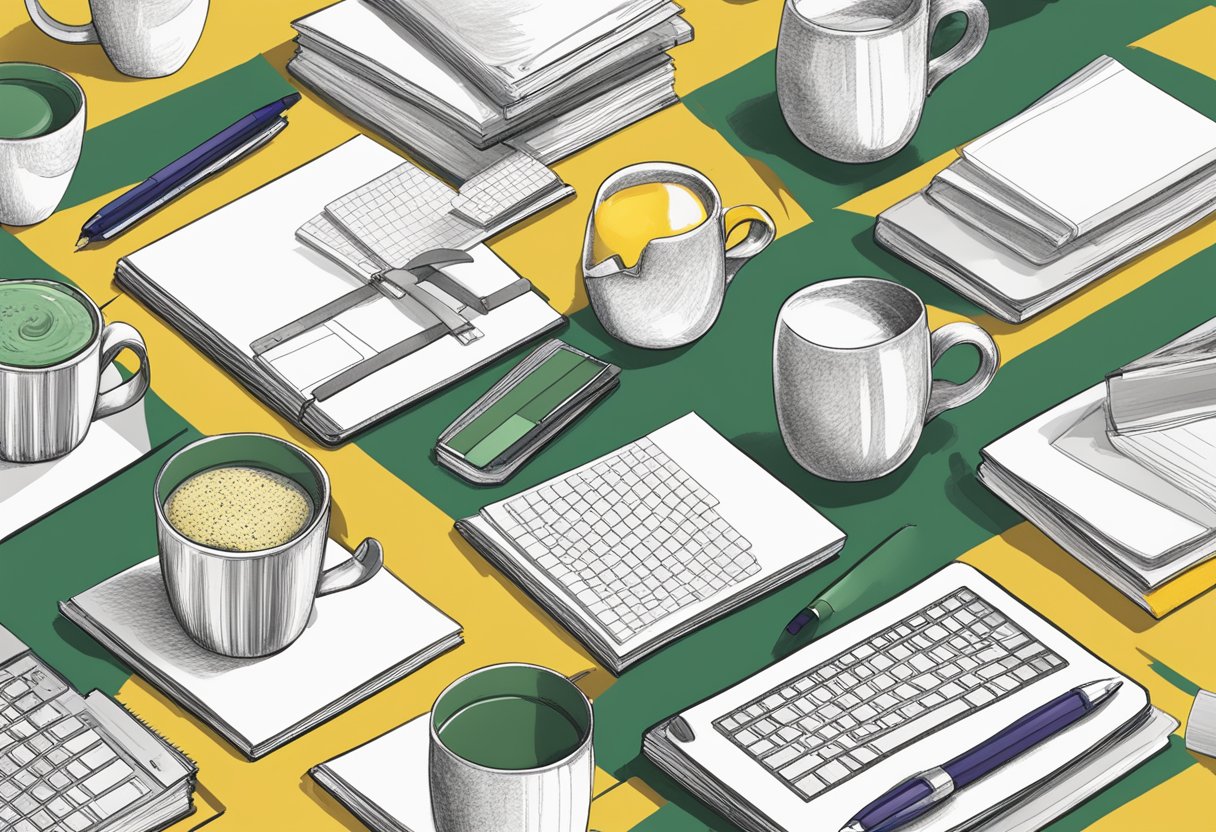 A table filled with branded merchandise, such as mugs, pens, and notebooks, arranged in an organized manner for a corporate gifting event
