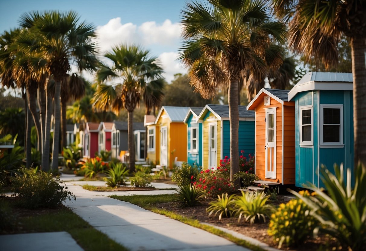 A cluster of colorful tiny homes nestled among palm trees in a Tampa, Florida community. Sunshine illuminates the vibrant exteriors and communal spaces