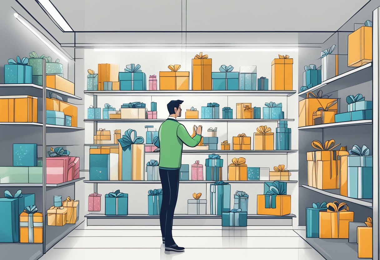 A hand reaches for a sleek branded gift set on a display shelf, surrounded by other high-quality corporate gifts