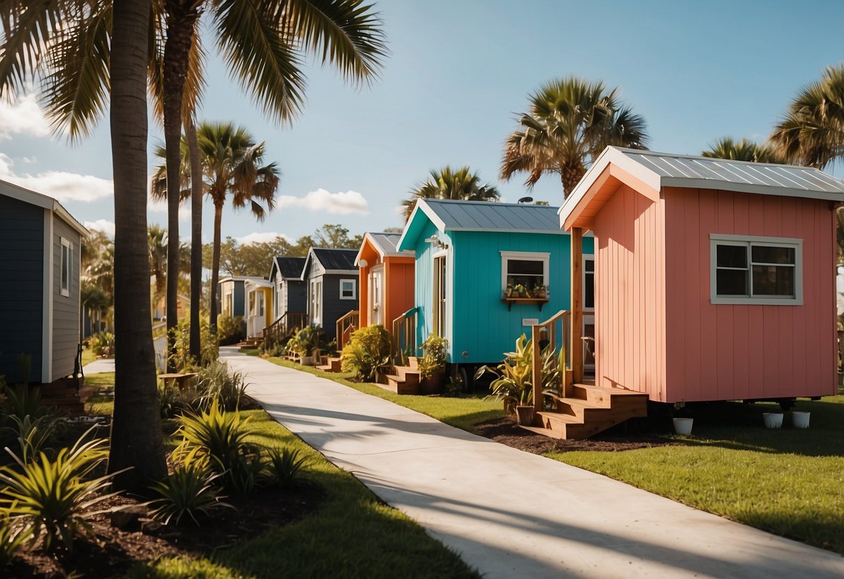 People stroll through colorful tiny homes, nestled in a lush Tampa Bay community. Palm trees sway in the breeze as residents chat outside their cozy dwellings