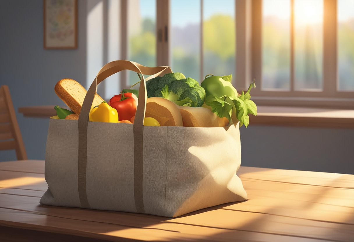 A reusable tote bag sits on a wooden table, filled with fresh produce and a loaf of bread. Sunlight streams through a nearby window, casting a warm glow on the scene