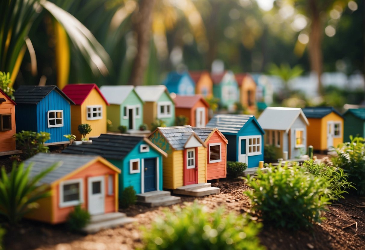 A sunny Tampa day with rows of colorful tiny homes nestled among palm trees and lush greenery in a vibrant community