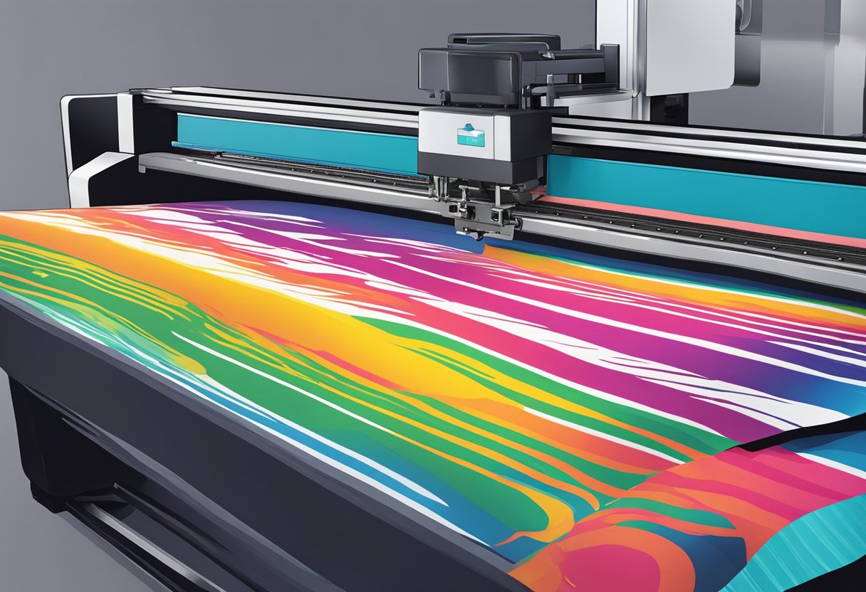 A canvas bag being printed with a colorful design using a screen printing machine. Ink is being pressed onto the fabric, creating a vibrant pattern