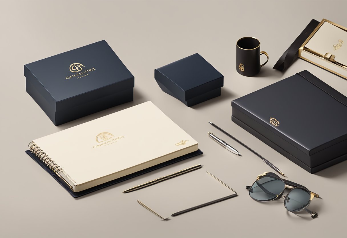 A sleek, modern gift box sits on a polished desk, adorned with the company's logo. It is surrounded by high-quality office supplies and a luxurious leather notebook