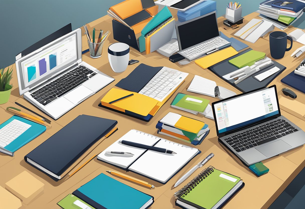A table filled with branded corporate gifts, such as pens, notebooks, and electronic gadgets, displayed in an office setting in Singapore