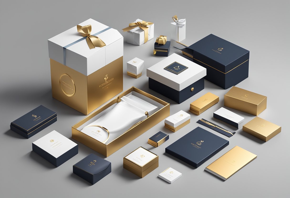 A luxurious corporate gift box surrounded by elegant branding materials and premium products, evoking a sense of sophistication and professionalism