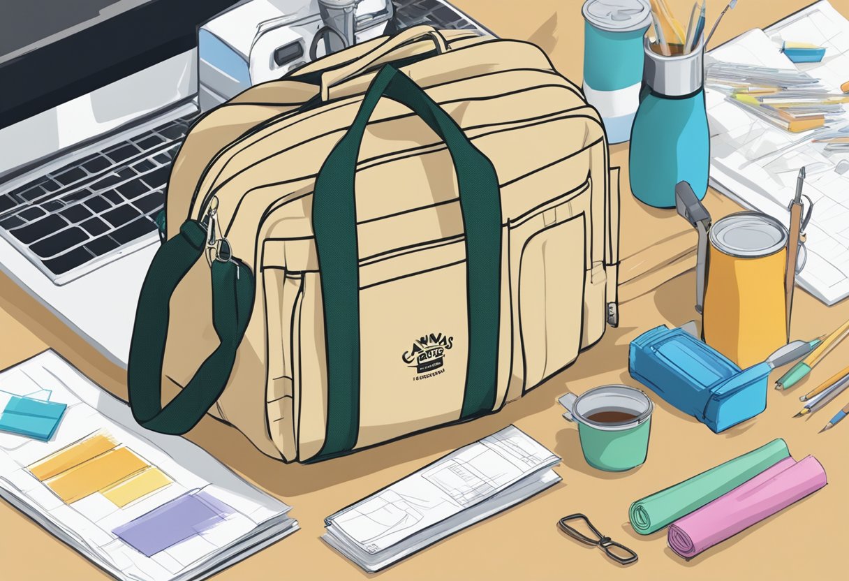 A canvas bag with "Canvas Bag Fundamentals" printed on it, surrounded by printing equipment and design sketches