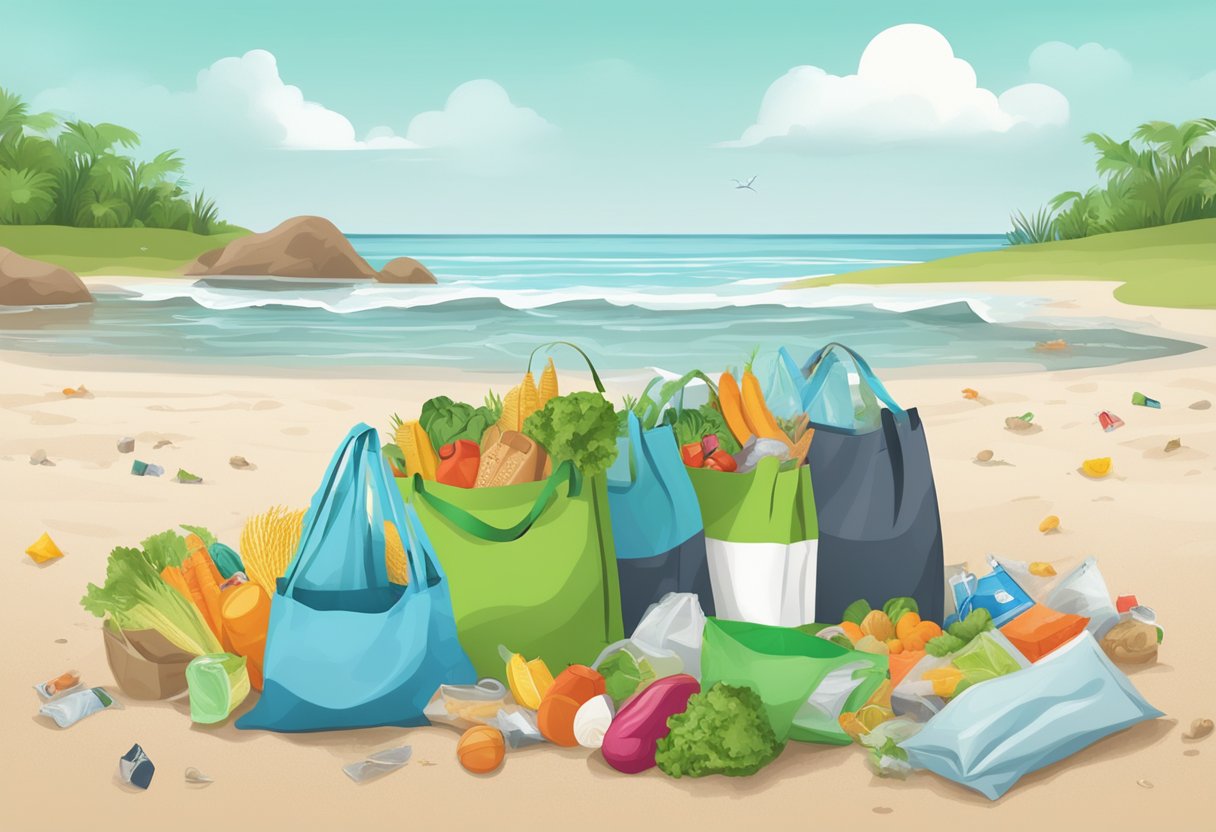 A reusable tote bag filled with groceries, surrounded by plastic bags and litter on a polluted beach