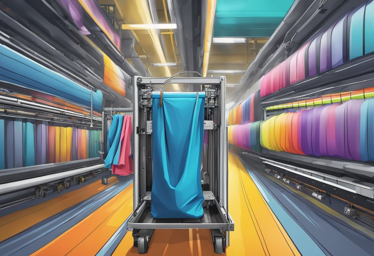 In the printing and ordering process, a canvas bag moves through a large industrial printer, with vibrant colors being applied to the fabric